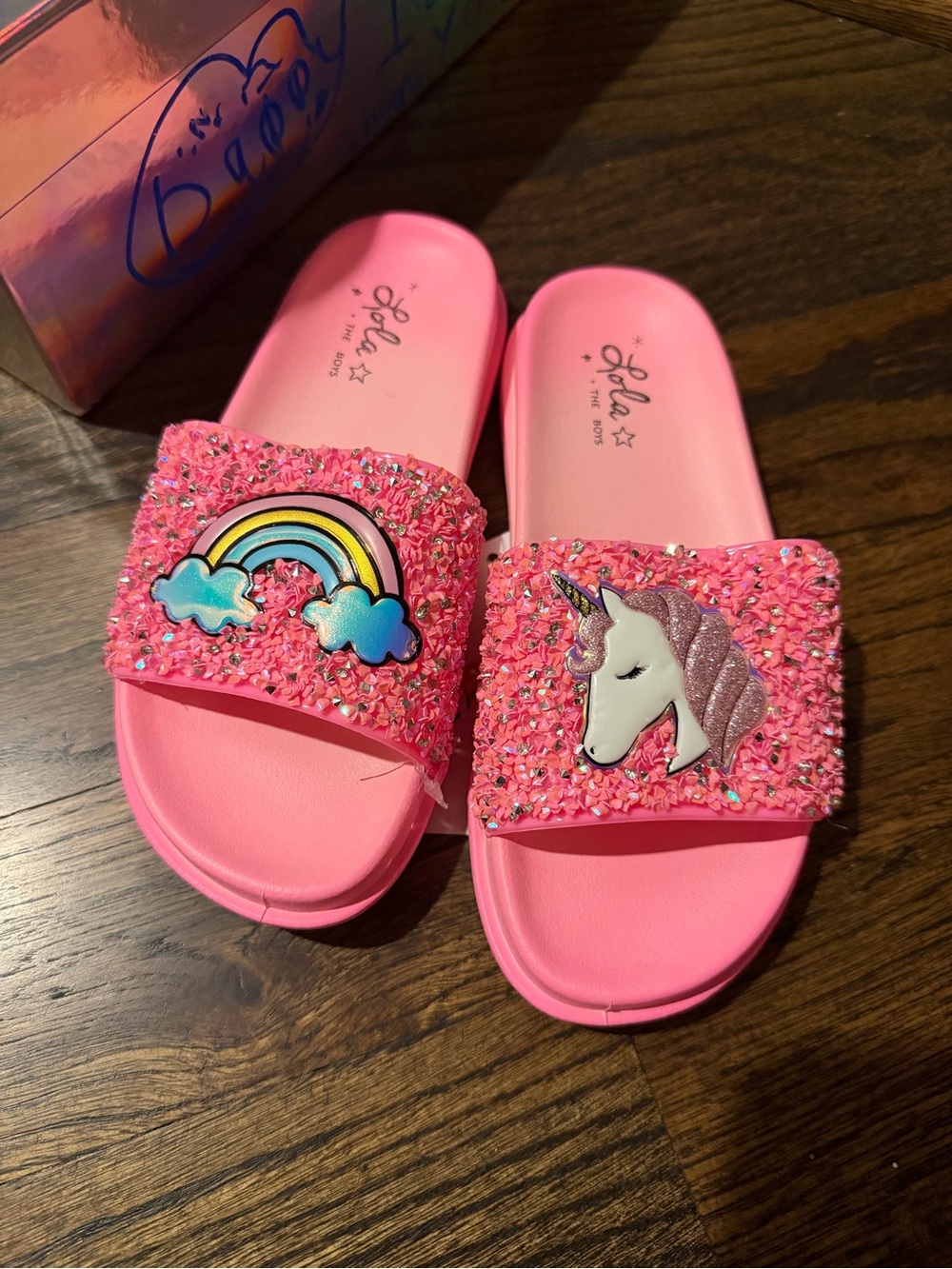 Lola + The Boys Unicorn & Rainbow Pink Glitter Kids Slide Sandals